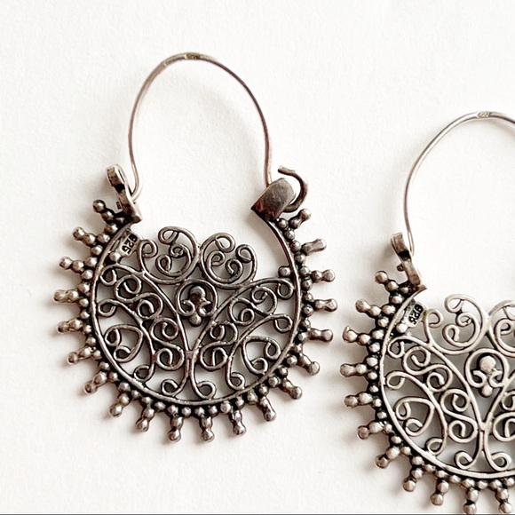 Sterling Silver Bohemian Hoop Earrings India Scroll Design - Picture 7 of 9